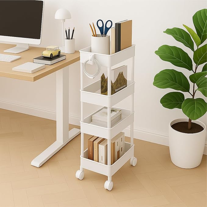 ShellKingdom 4 Tier Bathroom Storage Organizer, Slim Rolling Storage Cart for Narrow Space, Mobile Shelving Unit with Lockable Wheels and Hooks for Bathroom, Kitchen, Laundry Movable Shelf (White) - Image 8