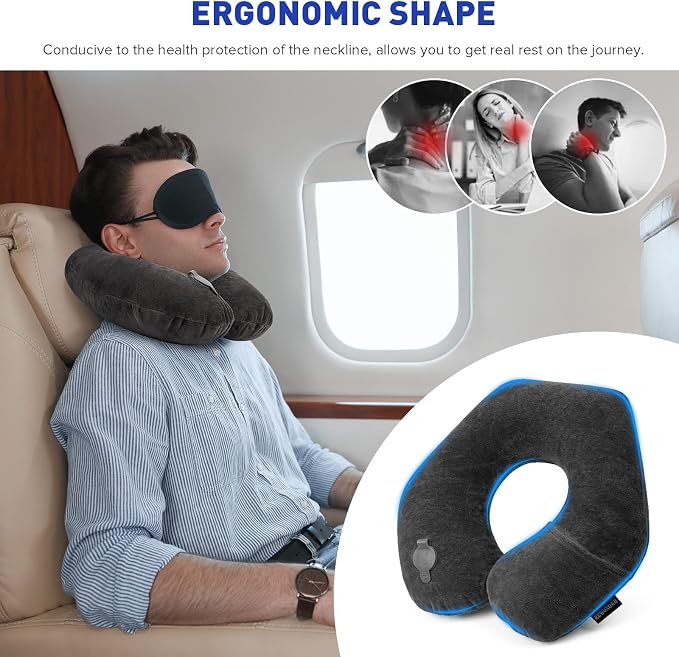 Rewondah Inflatable Travel Pillow, Inflatable Neck Pillow for Traveling Airplane, Travel Pillow with Soft Velour Washable Cover, U Shape Blow Up Neck Pillow for Airplanes Train Car Travel - Image 2
