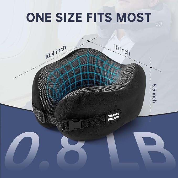 Neck Pillow Travel Pillow - 100% Pure Memory Foam Airplane Pillow with Adjustable Clasp & Removable Cover, Portable Travel Essentials for Long Flights, Car & Office (Black, with Eye Mask) - Image 2