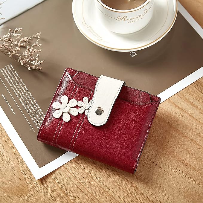 BOSTANTEN Leather Womens Wallet Small RFID Blocking Credit Card Holder | Removable ID Window, Zipper Coin Pocket, Bifold, Minimalist, Fits Small Purses, Daily Use, Ladies Gifts, Floral Pattern Red - Image 6