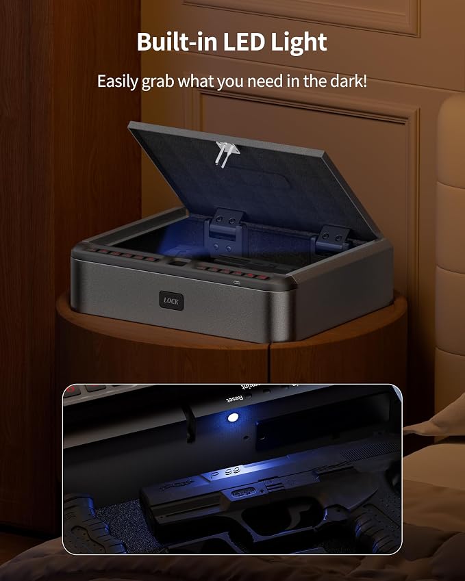 BILLCONCH Gun Safe for Handgun with Fingerprint, App, 0–9 Numeric Keypad | Smart Pistol Safe with 4 Quick-Access Methods, Built-in LED Light, Ideal Steel Biometric Handgun Safe for Nightstand and Home - Image 5