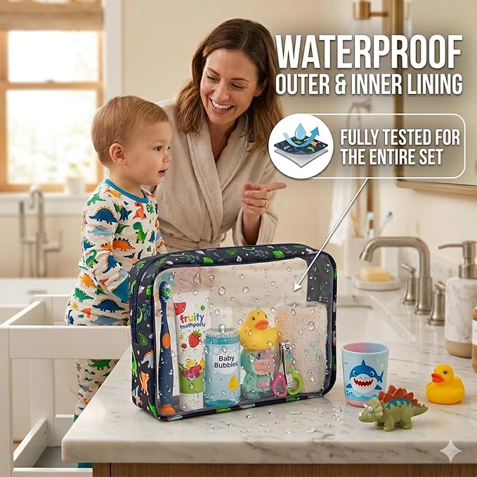 Remobia Hicol TSA Approved 5-Piece Diaper Bag Organizer Pouch Set Clear Waterproof TPU Kids Toiletry Storage Set Travel Packing Clutch Cube Bags for Baby Nursing(Dinosour) - Image 4