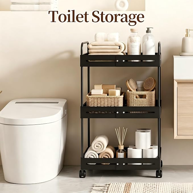 Extendable 3 Tier Heavy Duty Metal Utility Cart for Bath, Black | Adjustable Storage Slim Cart | with 360° Swivel Wheels Cart | Detachable | Perfect for Laundry, Kitchen, Office, Garage - Image 5