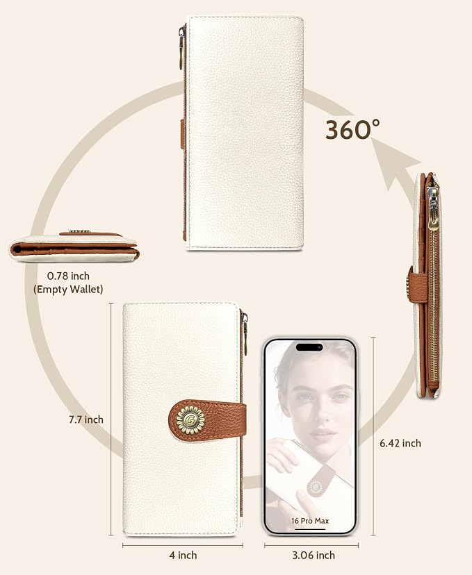 GIANCOMICS White Caramel Womens Wallet RFID, Long Credit Card Holder Bifold | Billfold, Cute Cash Purse, Travel Zipper Coin Pocket, Compact Clutch, PU Leather, ID Window, 11 Card Slots, Ladies Gift Woman - Image 5