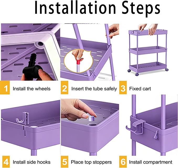Slim Storage Cart 3 Tier,Bathroom Organizer Rolling Utility,Mobile Shelving Unit Slide Out for Office, Kitchen, Laundry Room & Narrow Places,Purple - Image 4