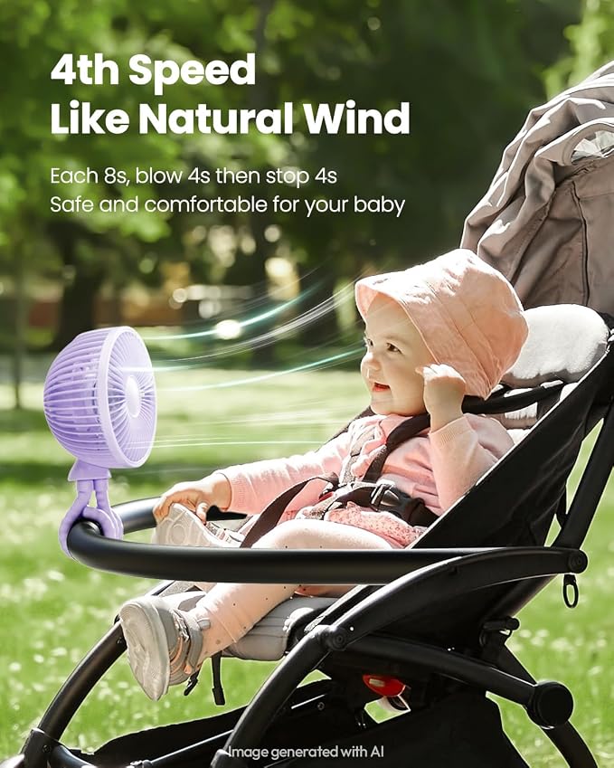Gaiatop Oscillating Baby Stroller Fan with LED Lights, Rechargeable Purple | 4-Speed Quiet Cooling, 4.6 In, Battery Operated, 360° Rotate Clip On Small Portable Fans for Car Seat Crib Treadmill Travel - Image 5