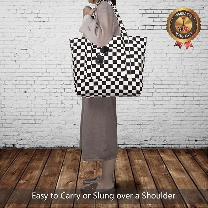 TOPDesign 1-Pack Canvas Tote Bag with an External Pocket, Reusable Grocery Shopping Bag, Top Zipper Closure, Daily Essentials (Checkerboard) - Image 3