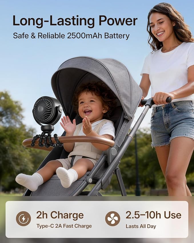 SWEETFULL Portable Stroller Fan, Pinch-Proof Baby Fan - Black | Wide Turbine Airflow; Safe Design; LED Display; 5-Speed; 30dB Quiet; USB-C Rechargeable; Mini Clip On Fan for Car Seat & Bed - Image 4