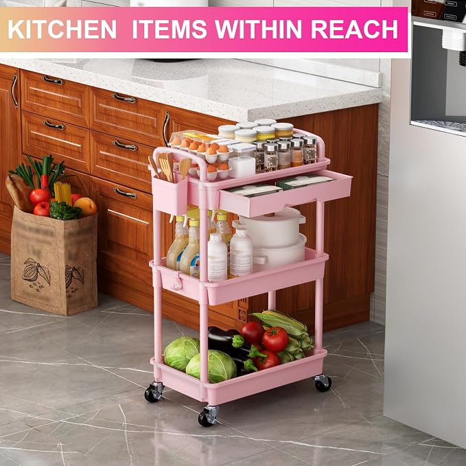 Goovilla 3 Tier Rolling Utility Cart Organizer with Removable Drawer, Pink | Stable and Sturdy Rolling Storage Carts with 2 Lockable Wheels for Bathroom, Kitchen, Snack, Craft, Makeup, Baby Essentials - Image 7