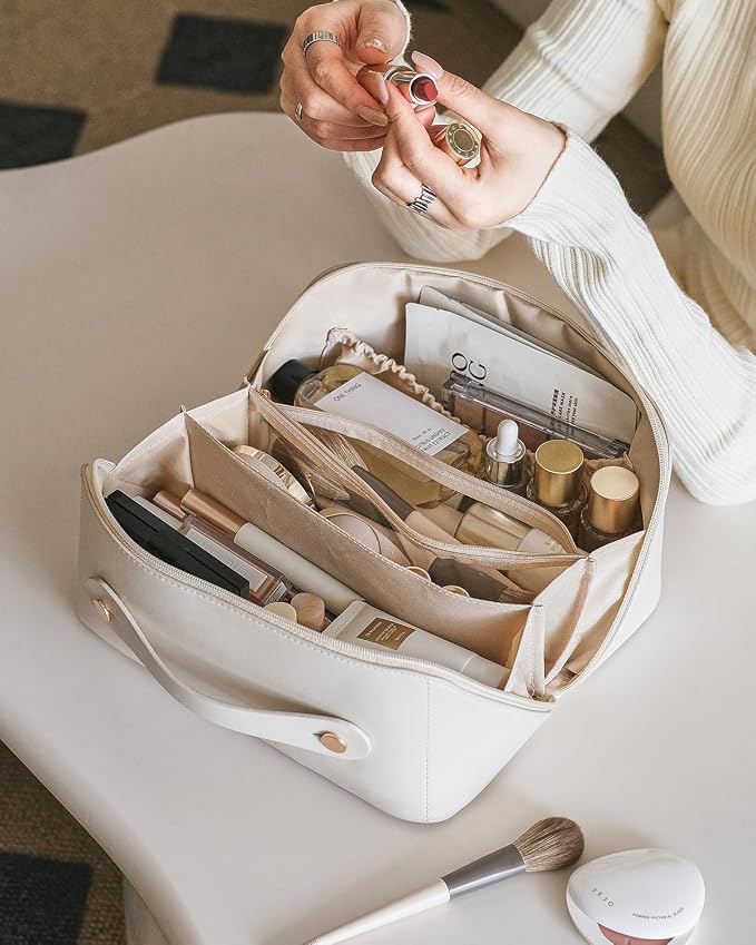 EACHY Travel Makeup Bag for Women, PU Leather Cosmetic Bag, White, Large | Water-resistant PU leather exterior with flat-open access, clear TPU brush compartment and organized storage for cosmetics - Image 9