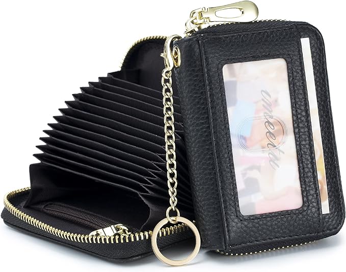 imeetu RFID Credit Card Holder, Small Card Wallet Women, Leather Card Case | Genuine Leather Women's Card & id Cases, Change Coin Purse with Zipper Keychain id Window, 20 Colors & 3 Styles, Daily, Gifts - Image 2