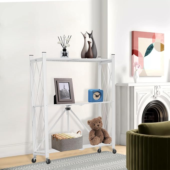 3 Tier Foldable Storage Shelf with Wheels Heavy Duty Garage Shelving | Unit Loads 550 LBS, Metal Steel Collapsible Shelves, Rolling Standing Utility Rack for Kitchen, Pantry, Office, White - Image 9