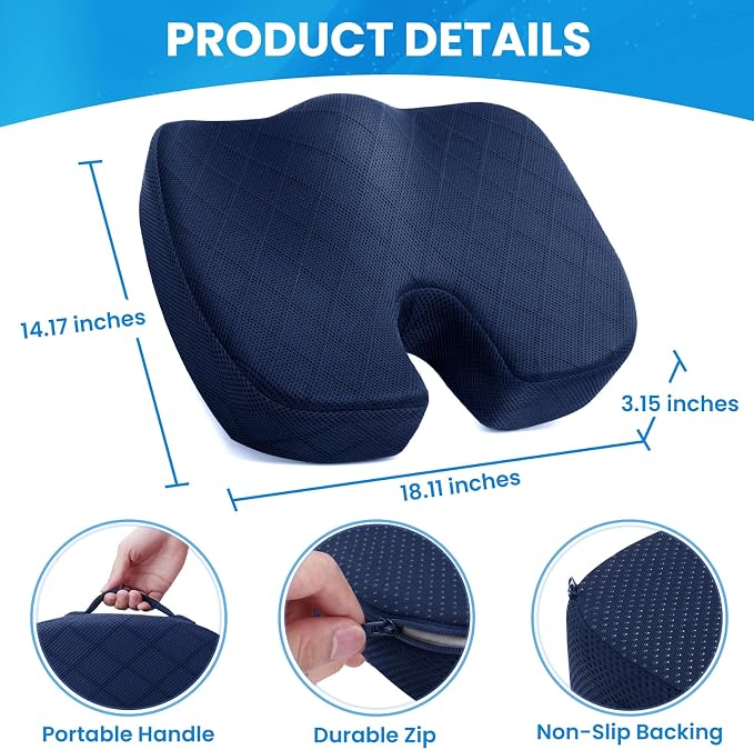 Seat Cushion - Memory Foam Cushion for Office Chair, Car Seat, Airplane, Bleacher - Sciatica & Coccyx Pain Relief Desk Chair Cushion for Long Sitting Office Workers, Car Drivers(Blue) | for Car Seat, Airplane, Desk Chair - Sciatica & Hip & Coccyx Pain ... - Image 2
