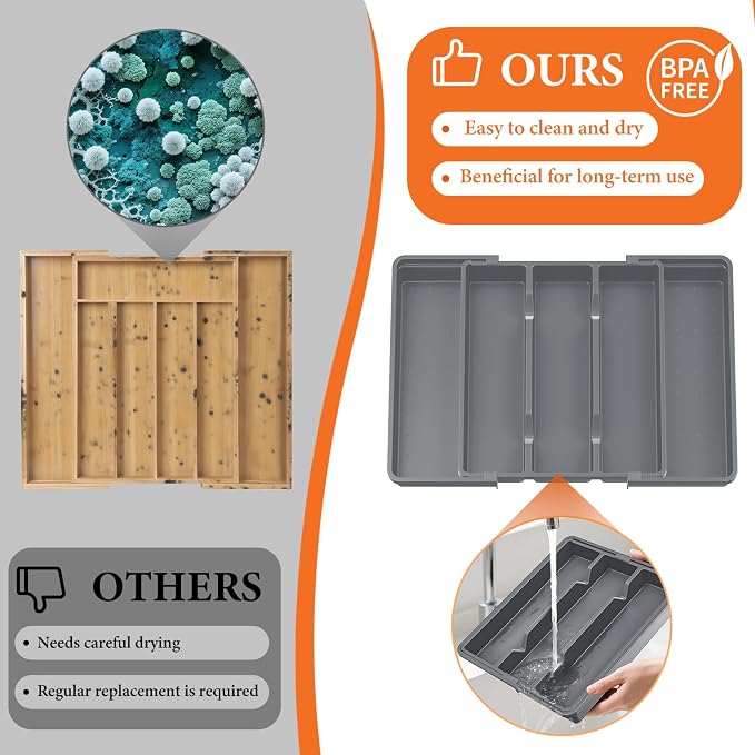 Large Expandable Silverware Drawer Organizer, Utensil Tray | Kitchen Drawer Organizer for Spoons/Forks/Knives, Multipurpose & BPA Free Cutlery Tray(2 Pack, Gray) - Image 4