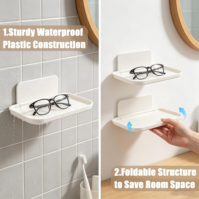 2Pcs Foldable Floating Shelf, No Drill Wall Shelves Adhesive Organizer Tray | Small White Stick on Plastic Shelf, Portable Damage Free Adhesive Shelves for Bedroom Bathroom Kitchen Office - Image 6