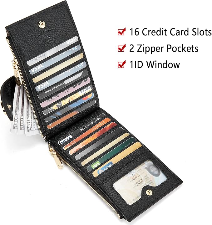BOSTANTEN Leather Womens Wallet Large RFID Blocking Slim Card Holder | 16 Card Slots, 2 Zipper Pockets, Bifold, Long, Fits Most Purses, Organized Everyday Carry, Ladies Gifts, Black - Image 3