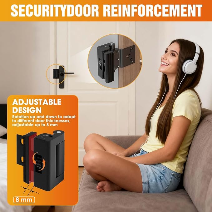 800lbs Force Door Reinforcement Lock - Heavy Duty Security for Inward Swing Doors, Aluminum Alloy Deadbolt with 8 Screws, for Apartment & Home Safety (1, Black - Screw Fixation) - Image 2