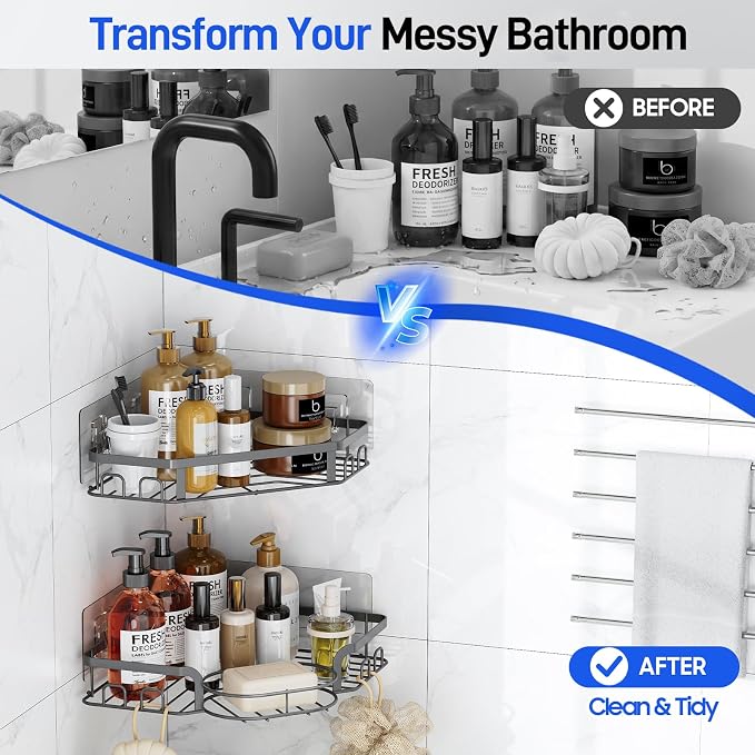 Corner Shower Caddy, Rustproof Shower Organizer with Soap Holder and 8 Hooks, No Drilling Adhesive Shower Shelves for Inside Shower, Large Capacity Shower Rack for Bathroom Shower Storage, Grey - Image 9