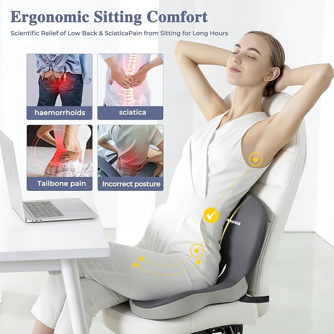 Memory Foam Seat Cushion for Sciatica & Back Pain Relief - Ergonomic Chair Pad with Adjustable Strap & Supportive Comfort Cover, Non-Slip for Car, Truck, Office Chair - Dark Gray&Light Gray - Image 2
