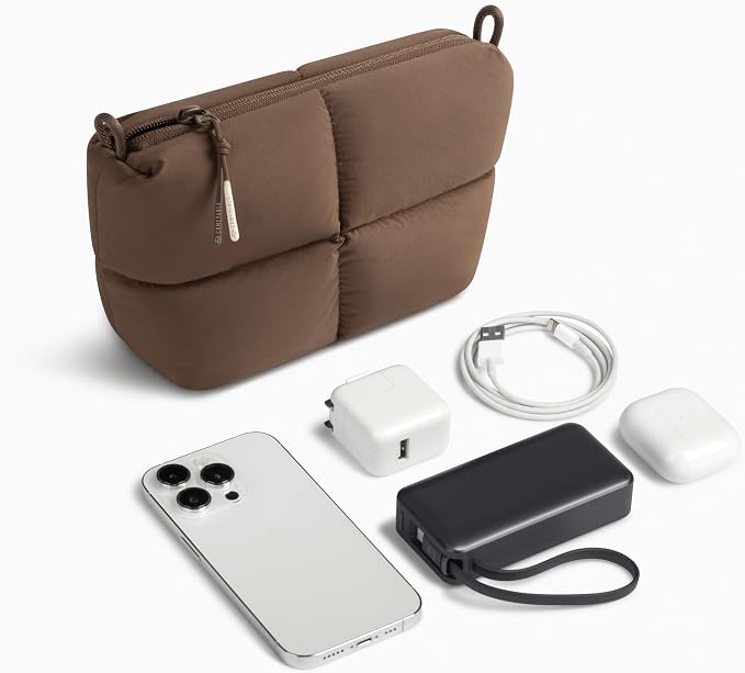 Comfyable Puffy Electronics Organizer Travel Case, Cute Tech Pouch for Women Men, Cable Storage Bag for Charger, Phone, Power Bank, Cord, Compact Tech Accessories Pouch, Mocha Brown - Image 6