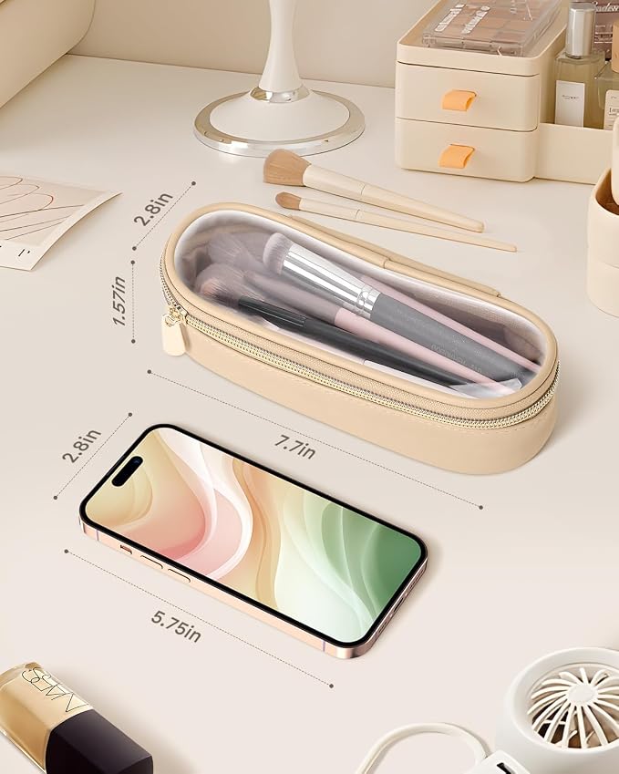 Soimeat Clear Travel Makeup Brush Holder, Leather Makeup Brush Toiletry Bag, Portable Cosmetic Brush Case, Transparent Waterproof Makeup Brush Storage Bag, Khaki - Image 3