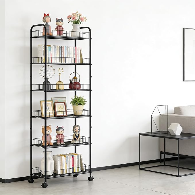 10in 6-Tier Slim Storage Cart with Wheels, Metal 10in Wide Black Narrow Rolling Shelf, Sturdy Slim Storage with Hooks Ideal for Kitchen, Bathroom, and Laundry Room - Image 5
