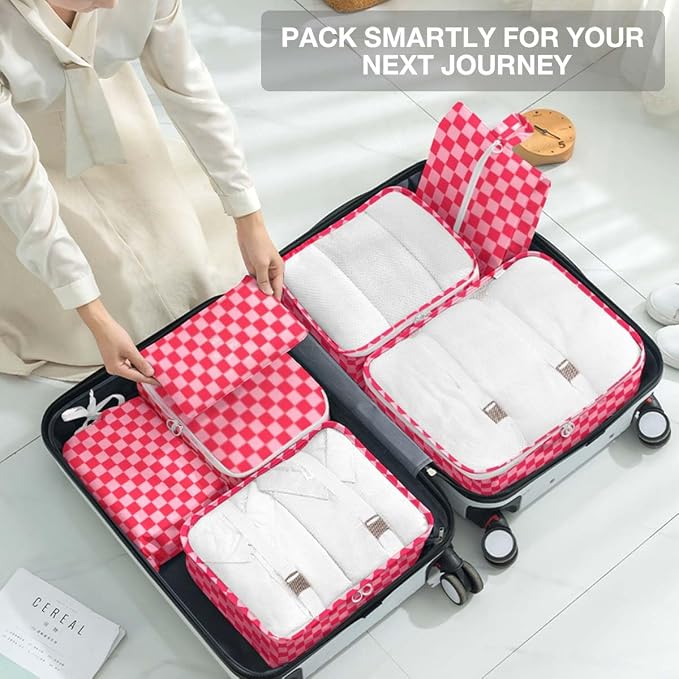8 Set Packing Cubes for Suitcases,Packing Cube with Shoe,Cosmetics,Clothing, and Accessories Bags Packing Cubes for Travel Luggage Organizer Women Men(Rose Checkered) - Image 7