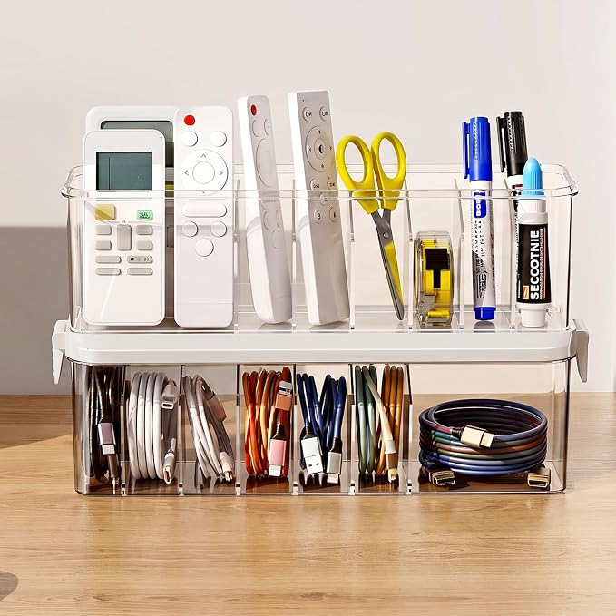 2 Pack Cable Organizer Box with Lid, Charge Cord Storage Organizer | Stackable Cable Storage Box, Fixed Dividers, No Cable Ties, Clear Dustproof Wire Management for Home Office Electronics - Image 6