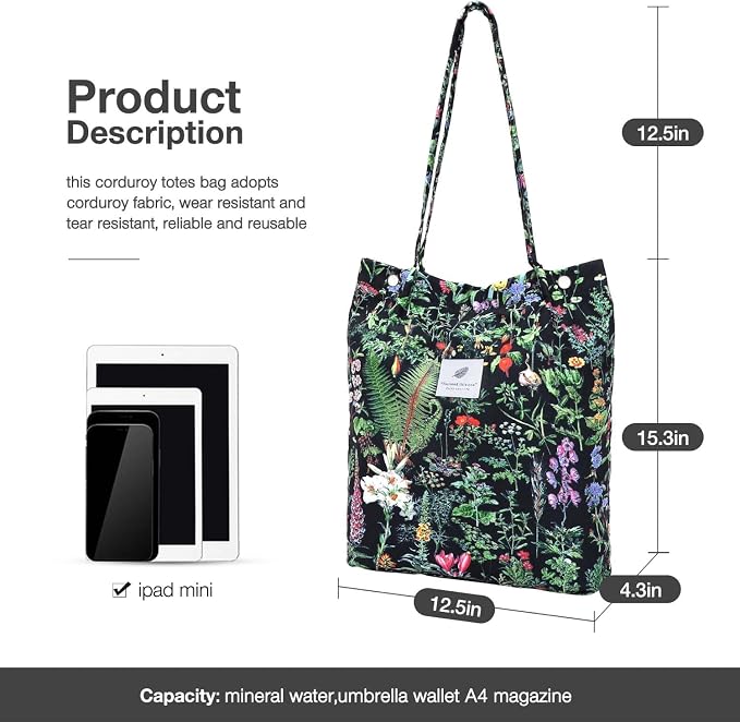 LHMTQVK Corduroy Tote Bags for Women, Large Capacity Tote Purse Reusable Grocery Shoulder Bag with Inner Pockets - Image 3