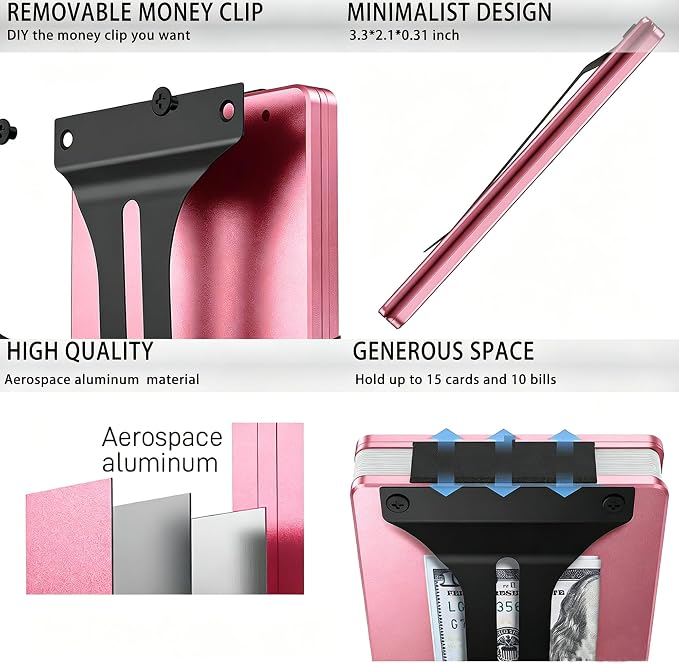 Slim Wallet for Men,RFID Blocking Minimalist Metal Wallet, Money Clip/Cash Holder, Front Pocket Aluminum Credit Card Holder, Ideal Gift for Men,Matte Pink - Image 7