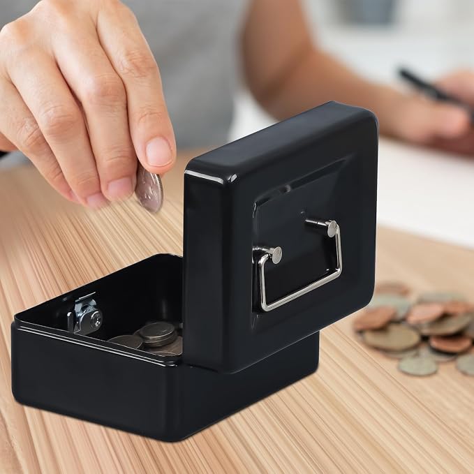 KYODOLED Small Cash Box, Key Lock Metal Storage Box with 2 Keys & Portable Handle, Safe Cash Drawer, 5.91"x 4.72"x 3.15", Black - Image 7