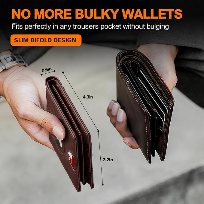 Wallet for Men Slim RFID Blocking Bifold Carbon Fiber,Minimalist Small Compact Front Pocket Credit Card Holder,Thin Mens Leather Wallets Smart Security With 2 ID windows 1 Cash (Oil Wax Brown) - Image 5