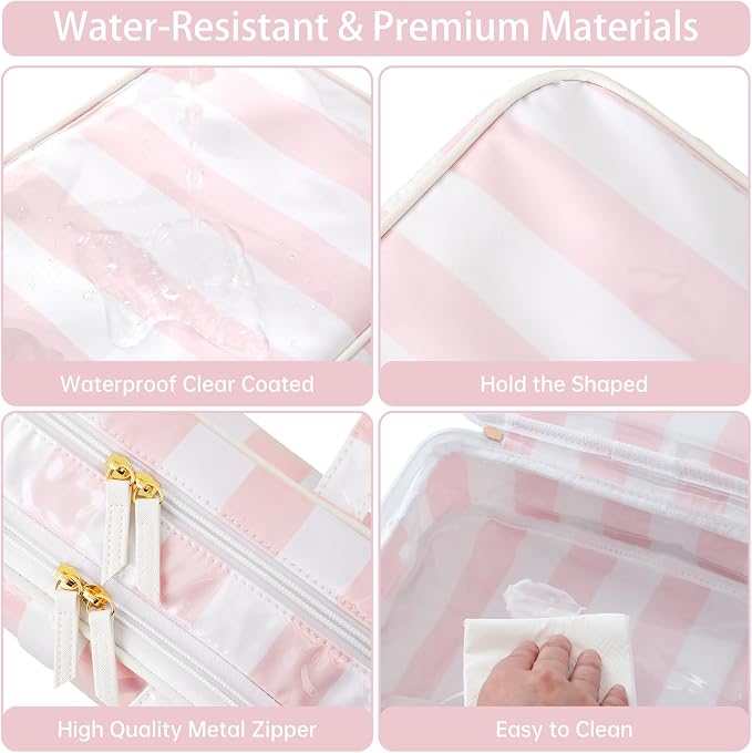 Toiletry Bag for Women, White and Pink Stripe | Clear Coated,Waterproof,Multiple Compartment,Open Flat,Handle,Travel Organizer for Shampoo,Conditioner,Cosmetic Accessories - Image 3
