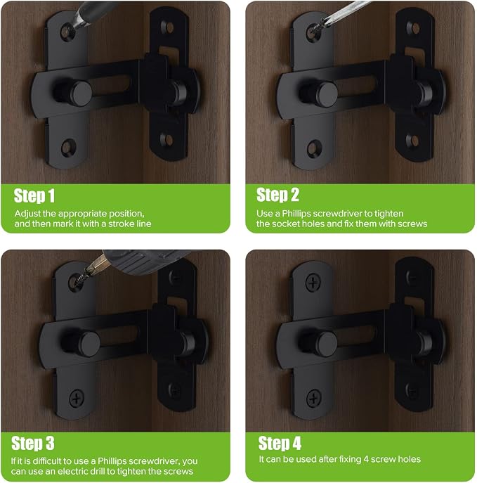 Barn Door Lock, 90 Degree Bifold Flip Door Latch, Black-2PCS | Stainless Steel Angle Latch Lock for Barn, Bathroom, Outdoor, Garage - Image 5