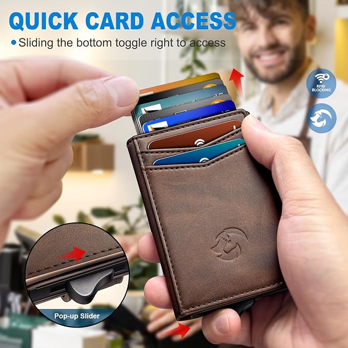Wallet for Men, Slim Pop Up Card Holder with RFID Blocking, Minimalist Bifold Wallet with 10 Card Slots, 2 ID Window and Money Clip, Metal Flip Case with Magnetic Closure, Gift Box - Image 4