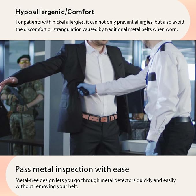 Non Metal Tsa Approved Belt Nickel Free Hypoallergenic Plastic Buckle Travel Leather Belt 1.38" - Image 5