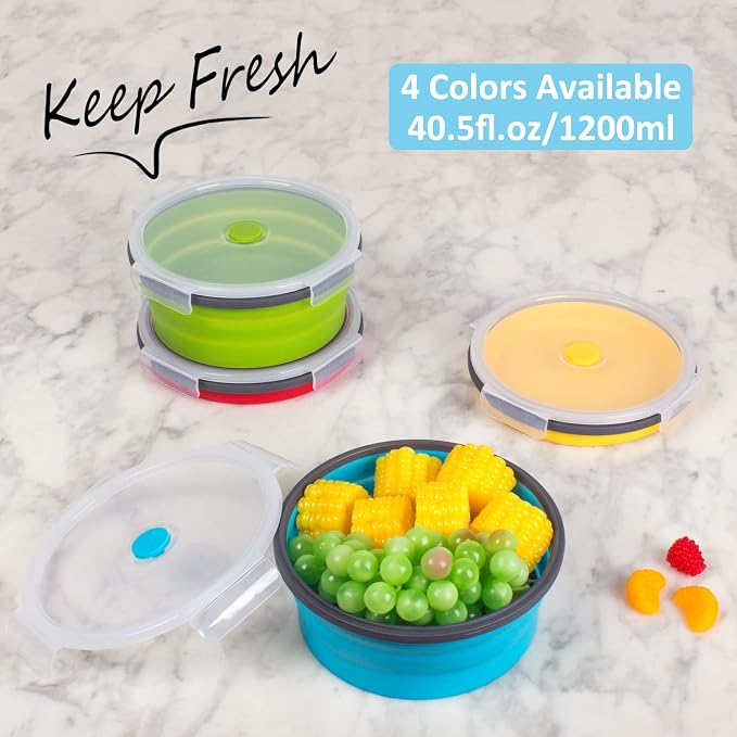 Collapsible Food Storage Containers with Airtight Lid, 40.5 oz, Kitchen Stacking Silicone Collapsible Meal Prep Container Set for Leftover, Microwave Freezer Dishwasher Safe, 4 Colors Round, Set of 4 - Image 2
