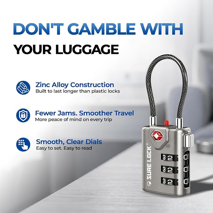 SURE LOCK TSA Approved Luggage Locks with Open Alert Indicator, 3 Digit Combination Cable Travel Lock for Suitcase, Backpack, Gym Locker, Toolbox & Travel Bag(Grey 4 Pack) - Image 5