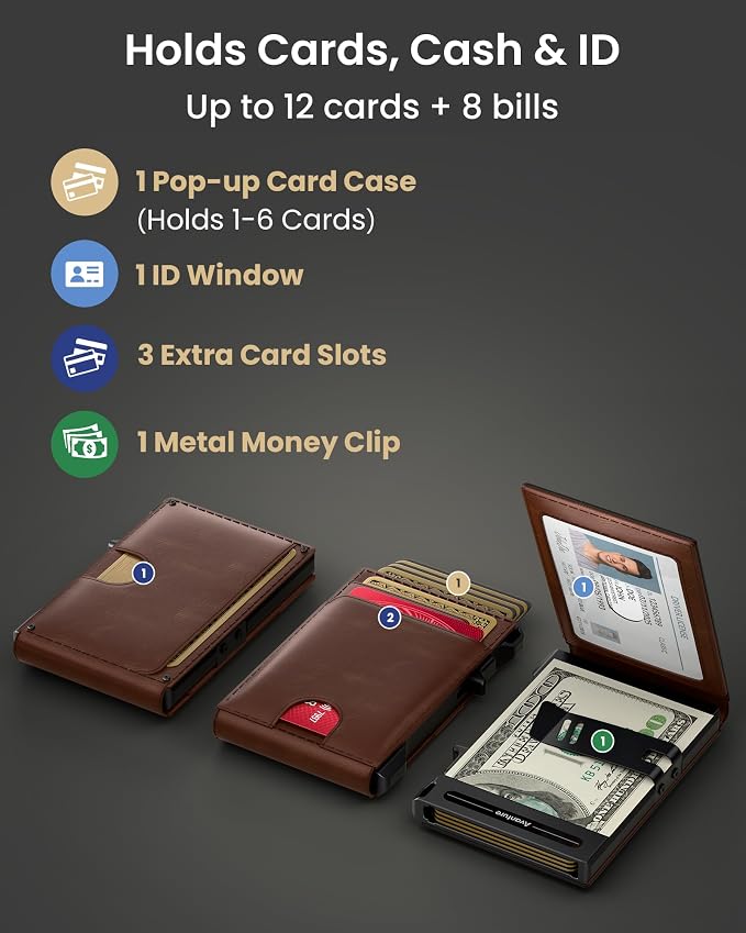Wallet for Men Card Holder: Pop Up Card Case, Genuine Leather, Smart, RFID Blocking, Slim, Minimalist, Thin, Front Pocket - 12 Card Capacity, ID Window, Money Clip (Brown) - Image 4