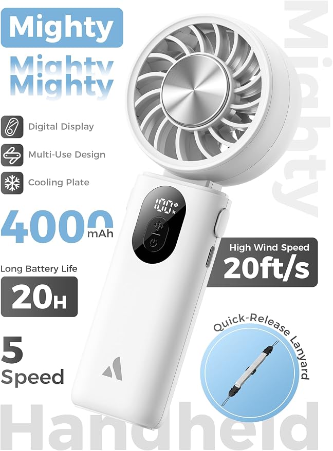Aecooly Mighty Portable Handheld Fan with Cooling Plate | 20H Max Cooling | 3 Flexible Modes | 5 Speeds Wind | Battery Level Display | Mini Personal Battery Powered, Gifts for Women, Travel-White - Image 2