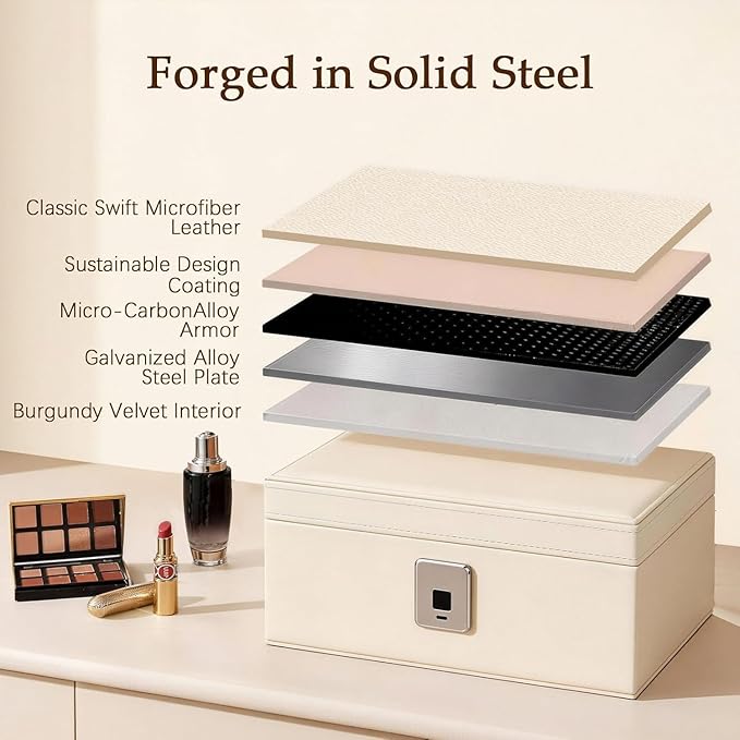 Jewelry Safe, Biometric Fingerprint Safe, Leather Wrapped Jewelry Box with Lock & Mirror, Ultra-Lightweight Jewelry Box Suitable for Home Use & On-the-Go(Three-Tier White) - Image 4