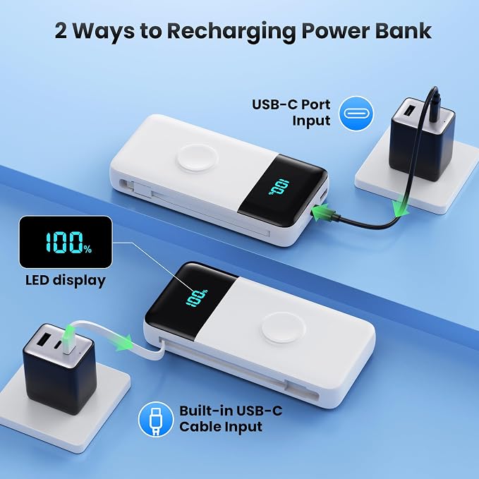 Portable Charger Power Bank 40800mAh with Built-in Cables,25W Fast Phone Charging Portable Battery Pack,5 Outputs Travel Essentials Outdoor External Battery for iPhone 17/16,Galaxy Android etc-White - Image 5