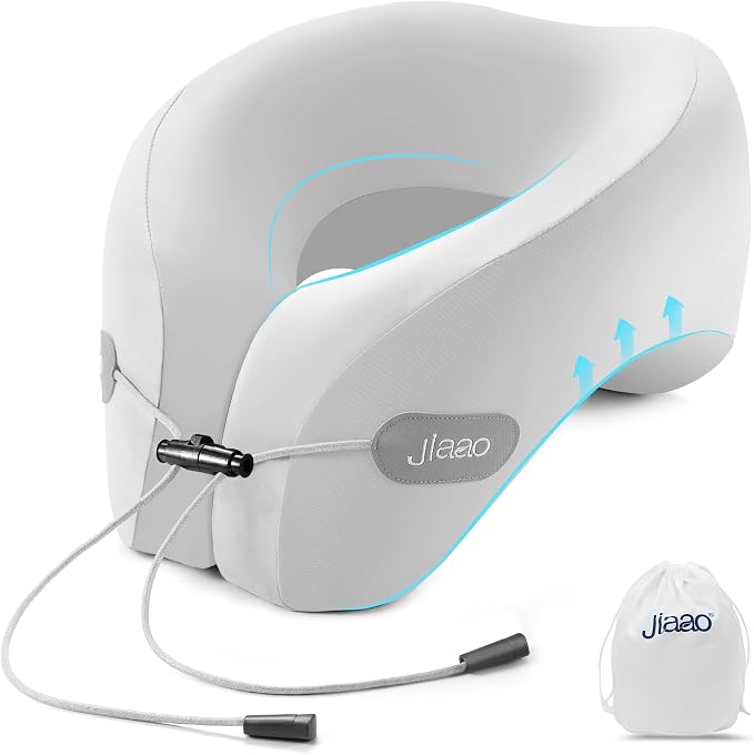 Travel Pillow Memory Foam Neck Pillow for Airplanes with Adjustable Drawstring Support, Gray Travel Neck Pillow for Flights, Road Trips, Trains & Everyday Travel by jiaao