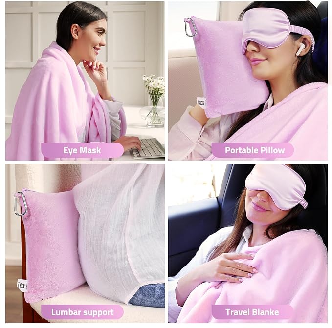 Travel Blanket Pillow,Airplane Blanket Compact with Bag Eye Mask, Ultra-Soft,Warm & Lightweight Included,Travel Essentials for Women & Men, Luggage Sleeve & Backpack Clip 65x40 in,Purple - Image 5