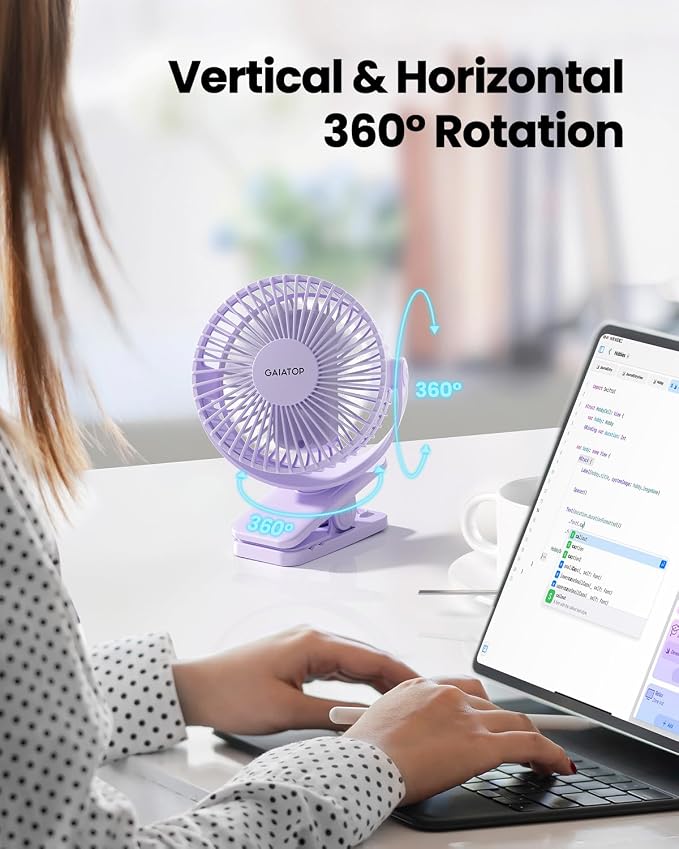 Gaiatop Portable Clip on Fan, Mini Personal Quiet Rechargeable Fan | Battery Operated, Small 3 Speed 360° Rotate, Cooling for Desk Table Home Office Stroller Camping Women Gifts Purple - Image 2