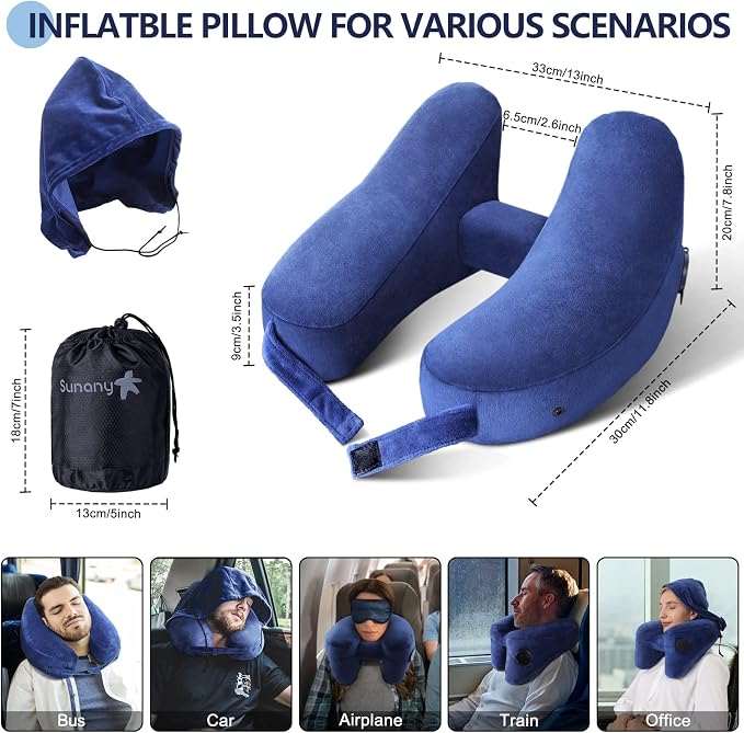 Sunany Travel Neck Pillow for Airplane Pillow Comfortably Supports Head, Neck and Chin, Inflatable Travel Pillow with Soft Velour Cover and Portable Drawstring Bag (Dark Blue, H-Shape) - Image 5