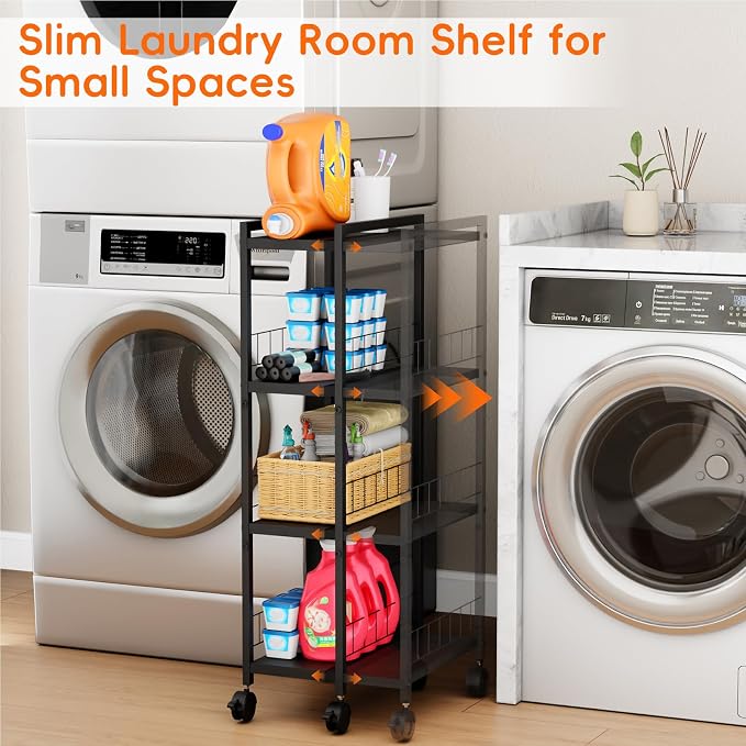 Expandable Slim Storage Cart with Wheels, 4 Tier Narrow Metal Rolling Utility Cart Organizer Adjustable Open Floor Shelving Unit for Small Spaces Bathroom Laundry Room Kitchen - Image 4