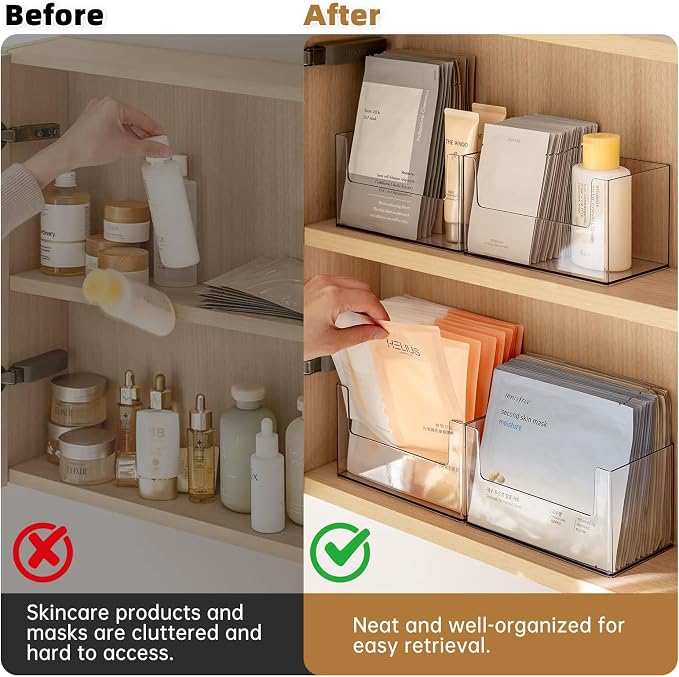 PAVSTINE 2 Pack Clear Medicine Cabinet Organizer, Slim Open Face Mask Storage Box for Sheet Masks and Skincare, Space-Saving Makeup Holder for Bathroom, Vanity, Countertop - Image 5