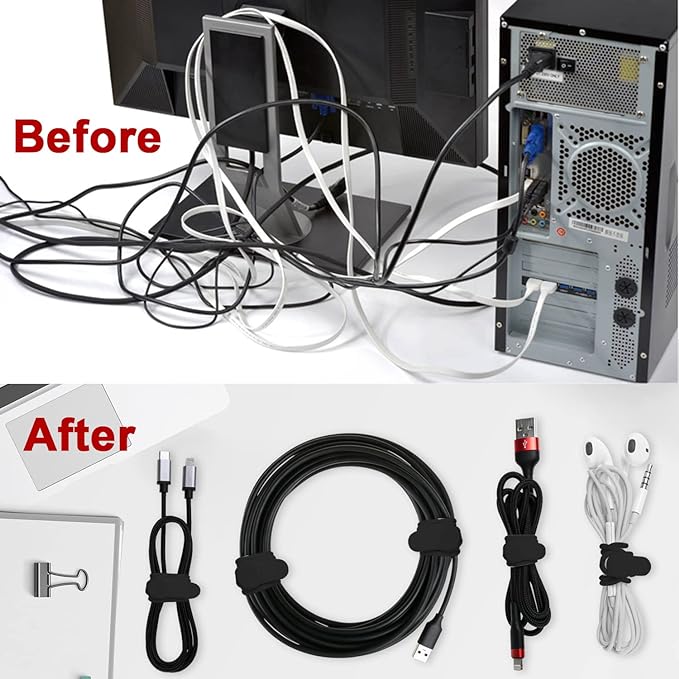 Silicone Cable Ties, Cord Organizer Cable Management(16Pcs-Black) | Reusable Cord Ties for Electronics, Office Desk Accessories, Home Travel Essentials, Easy to Use, 4.2 Inch - Image 5