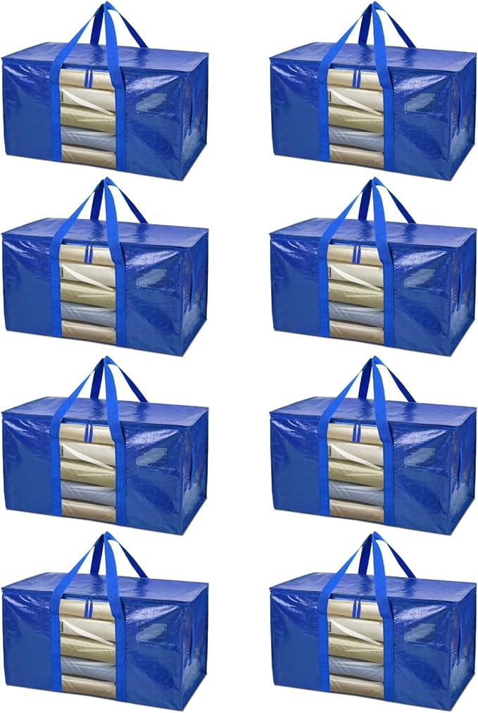 BALEINE 8-Pack Oversized Moving Bags with Reinforced Handles, Heavy-Duty Storage Tote Moving Supplies for Packaging, Camping (Blue w/Window, 8-Pack) by BALEINE